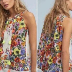 RAGA Floral Multicolor Sleeveless Top Womens Size Medium Boho Tassels Tank